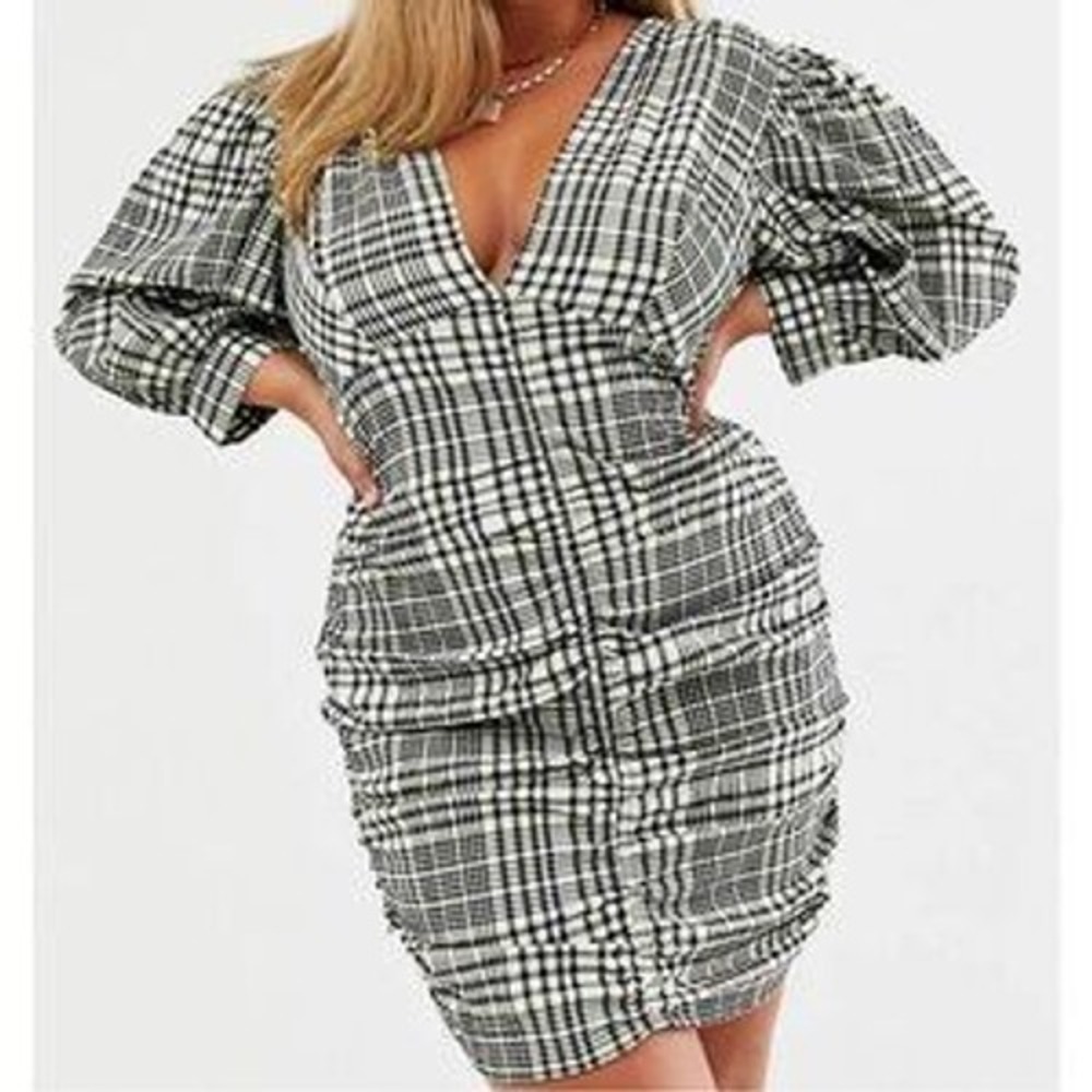 ASOS Curve Ruched Mini Dress 16 Black Yellow Plaid Puff Sleeve Seersucker NWT